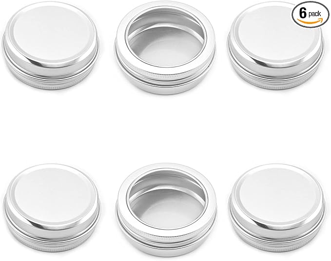 Heyiarbeit 6 Pack 2 OZ Tin Cans Screw Top Round Aluminum Cans Screw Lid Containers with Clear Window for Store Spices, Candies, Tea or Gift Giving
