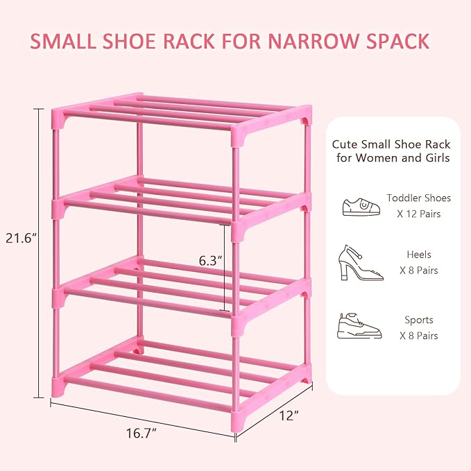 LNYZQUS Small Kids Shoe Rack, 4 Tier Pink Shoe Organizer Shoe Shelf for Closet,Stackable Narrow Shoe Stand Slim Zapateras Organizer,Cute Toddler Shoe Rack Floor for Women Girls-Full Pink