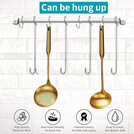 Gold Strainer Skimmer, Evanda Heavy Duty Golden Stainless Steel Heavy Duty Sturdy Kitchen Skimmer, Slotted Spoon, With Comfort Handle and Hanging Holes, Easy to Store and Dishwasher Safe