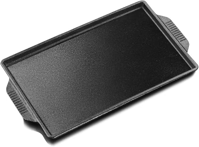 Cast Iron Steak Plate, Grill Pans, Sizzle Griddle with Wooden Base, Steak Pan, Griddle Grill Pan with handles (Plate 9.9" x 6")