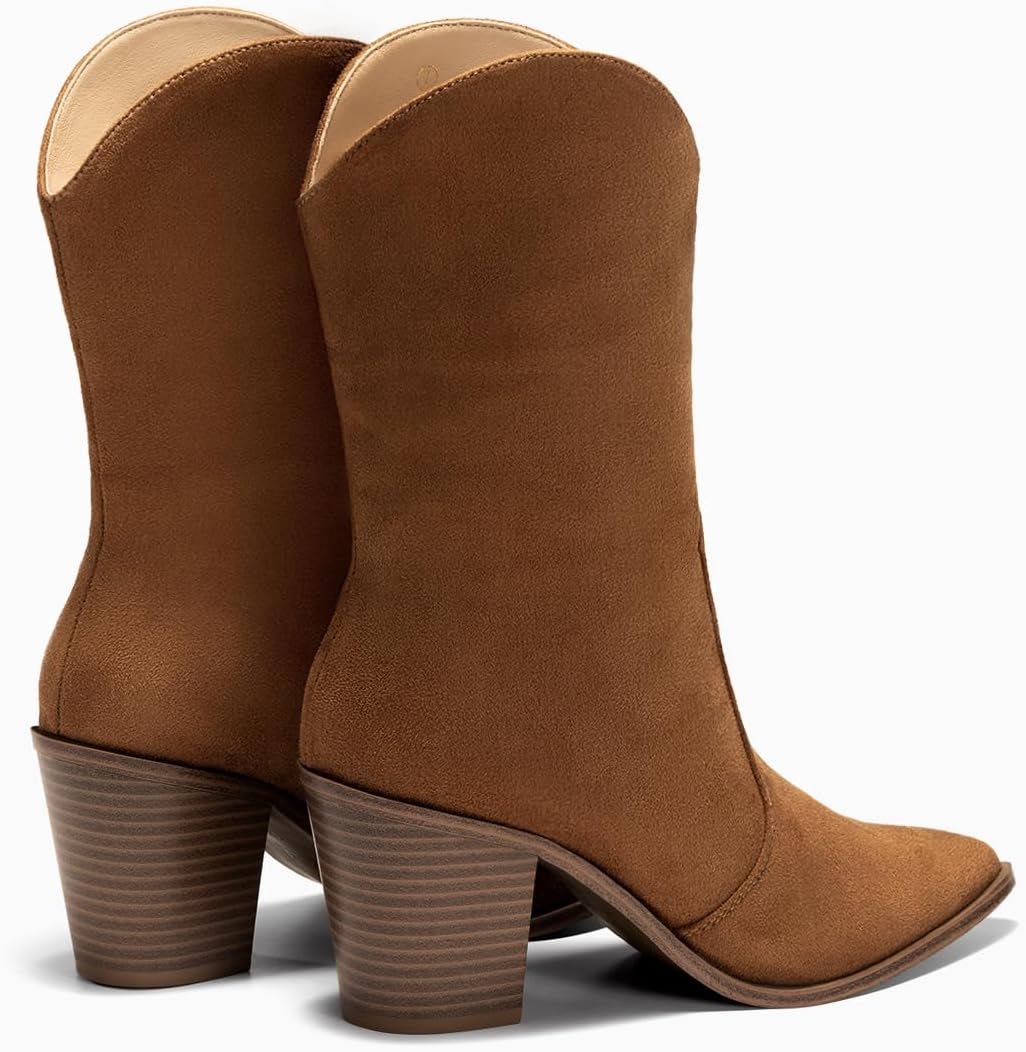 Womens Cowboy Mid Calf Boots Chunky Block Heel Pointed Toe Suede Western Cowgirl Boots