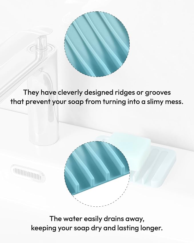 Self Draining Soap Dish for Shower, Silicone Soap Dish for Kitchen Sink, Bathroom Sink (2, Light Blue, S(3.1"4.5"))