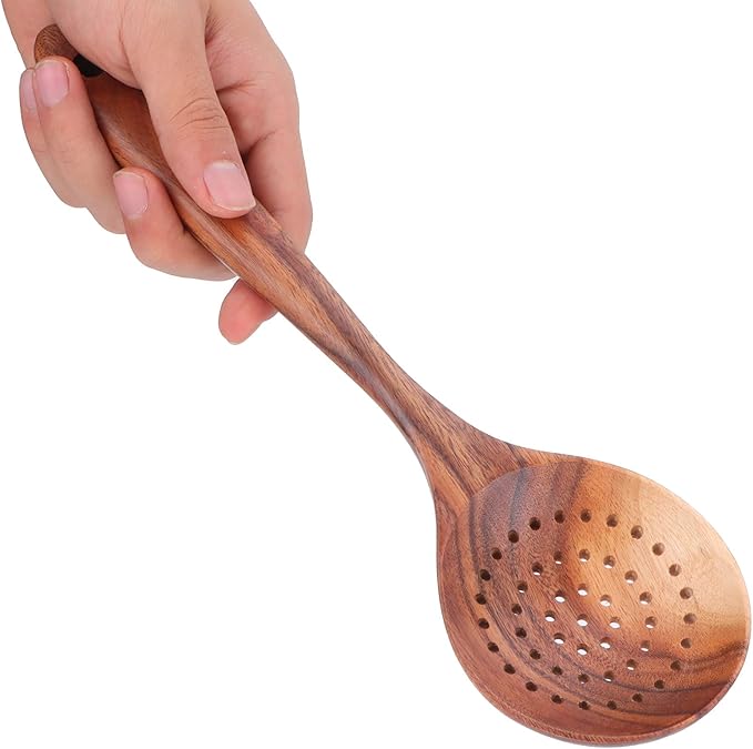 Wooden Strainer Spoon, 11 inch Teak Wooden Slotted Spoon Long Handle Colander Ladle Skimmer Scoops for Home Kitchen Cooking Tool