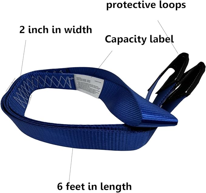 1Pack 2 "x6' Tow Strap with Reinforced Loops Vehicle Recovery Rope 10,000 Pound Breaking Strength 2 inch 6 Feet Lift Sling Strap,Blue