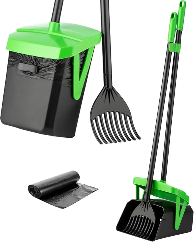 Pooper Scooper Swivel Bin & Rake with 20 Waste Bags, Dog Pooper Scooper with Bag Attachment for Large Medium Small Dogs, Poop Scooper with Lid for Lawn Yard Dog Kennel