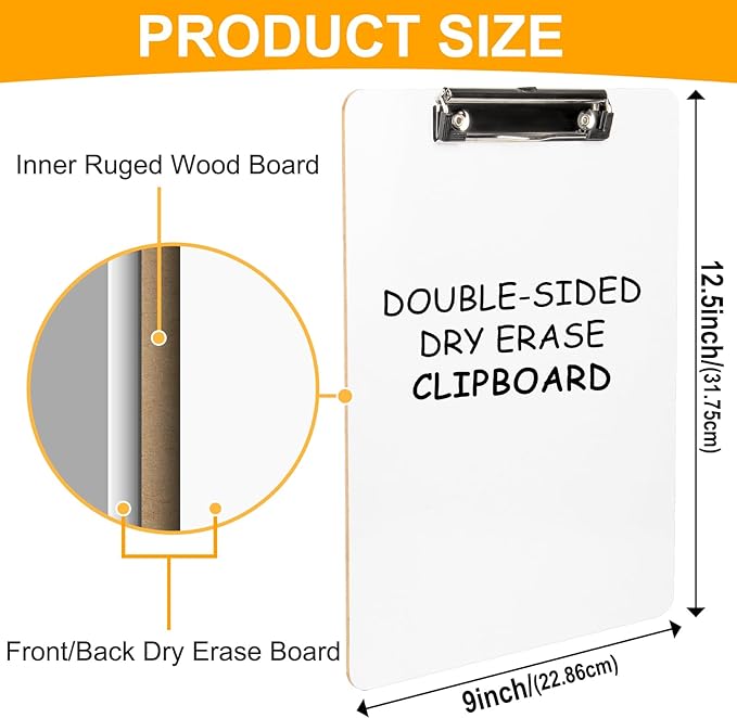 Dry Erase Wood Clipboard 2 Pack, Hardboard Clip Board 8.5x11 for Classroom, Students, Kid, Size 9" x 12.5", Double-Sided White Board, with Low Profile Clip, Office School Supply