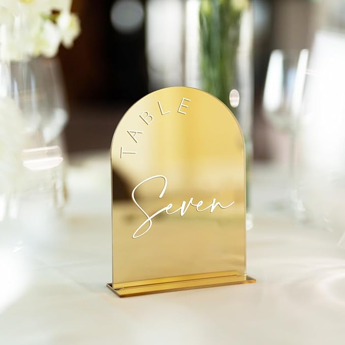 Gold Mirror Arch Wedding Table Numbers 1-25 with Stands, 5x7 Inch Acrylic Arch Sign with Holder, Gold Mirror Arched Acrylic Table Numbers for Wedding Reception(1-25, 5"x7")