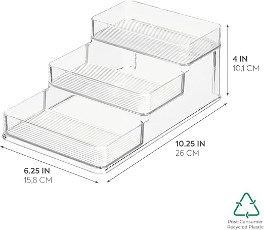 iDesign Recycled Plastic 3-Tier Stadium Spice Rack Organizer for Kitchen, Fridge, Freezer, Pantry and Cabinet Organization, The Linus Collection 6.25" x 4" x 1.25", Clear