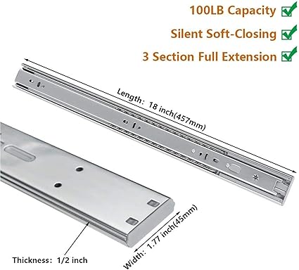 LONTAN 18 inch Heavy Duty Soft Close Drawer Slides 1 Pair Full Extension Ball Bearing Drawer Glides Side Mount Cabinet Rails with Rear Mounting Brackets 100lb Capacity