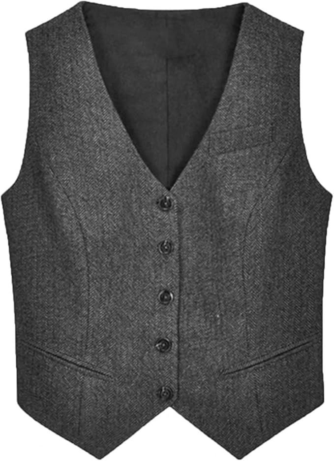 Womens Herringbone Tweed Sleeveless Single Breasted Waistcoat Casual Office Wear Vest Jacket