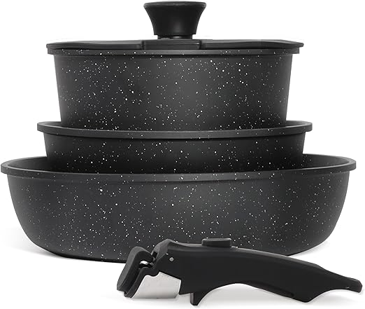 5PCS Pots and Pans Set Non Stick, Kitchen Cookware Sets with Detachable Handle, Ceramic Cookware Sets, Non Stick RV Cookware Cooking Set, Dishwasher & Oven Safe, PFOA Free, Black