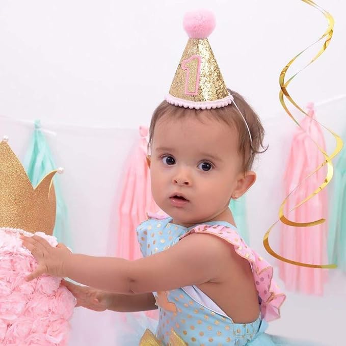 Finduat Baby Girl 1 Birthday Cone Hat, Baby Girl Birthday Tiara Adjustable Headbands for Baby Girl 1st Birthday Party Supplies