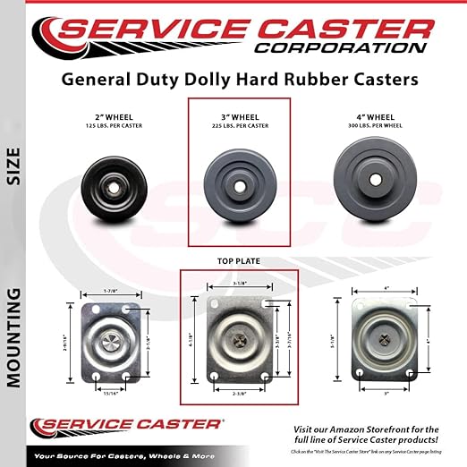 General Duty Dolly Swivel Top Plate Caster - 3 Inch by 1-14 Inch Hard Rubber Wheel - 225 lbs. Capacity Per Caster - Service Caster Brand