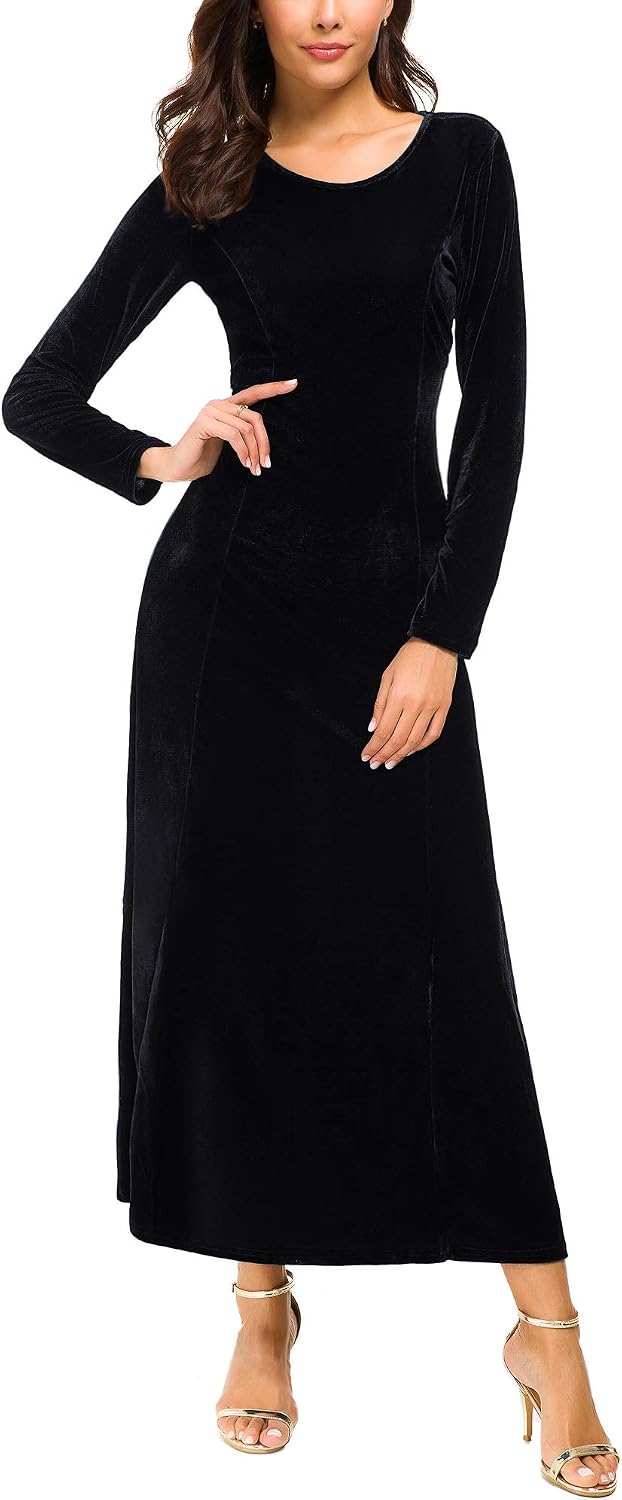 Urban CoCo Women's Elegant Long Sleeve Ruched Velvet Stretchy Long Dress .