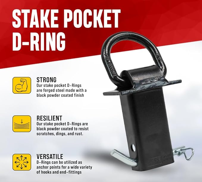 Mytee Products Heavy Duty Adjustable Trailer Stake Pocket -Small 58 Inch Forged D Ring Black Powder Coated w 12" Hitch Pin, WLL5400 lbs 2 Adjustable Holes Stake Pocket D-Ring Tie Down Utility