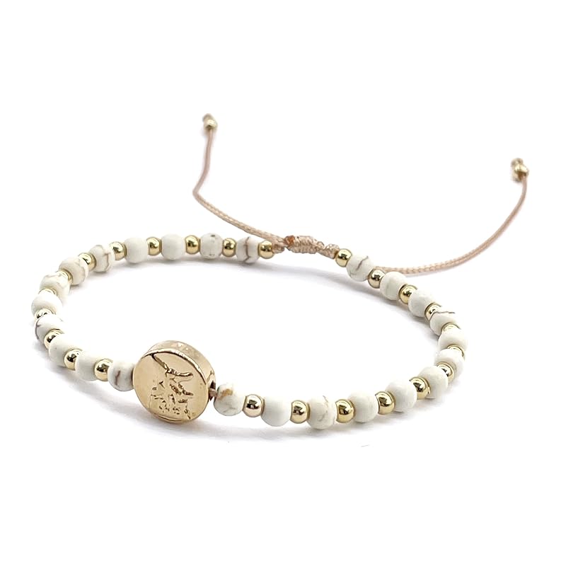 St Michael Archanel Coin and Natural Round White Turquoise Beads Adjustable Bracelet for Women (White Turquoise)