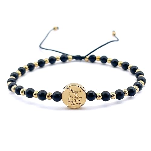 St Michael Archangel Coin and Natural Round White Turquoise Beads Adjustable Bracelet for Women (Black Mate Onix)