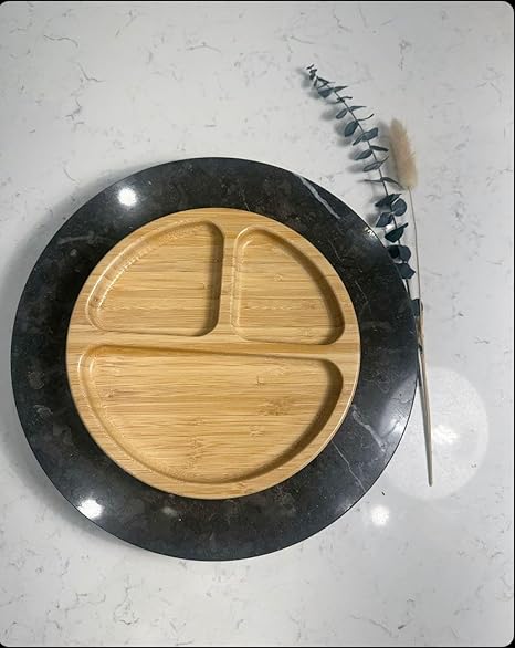 Wooden Bamboo Round Sectional Plates, Fun Baby Led Weaning Dishes with Suction Cup for Toddlers