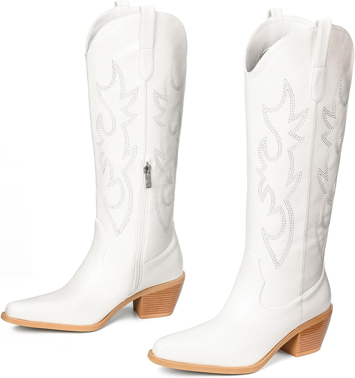 Pasuot Western Cowboy Boots for Women - Knee High Wide Calf Cowgirl Boots, Slip On Pointed Toe Chunky Heel Fashion Retro Classic Pull On Tall Boot for ladies Party concert
