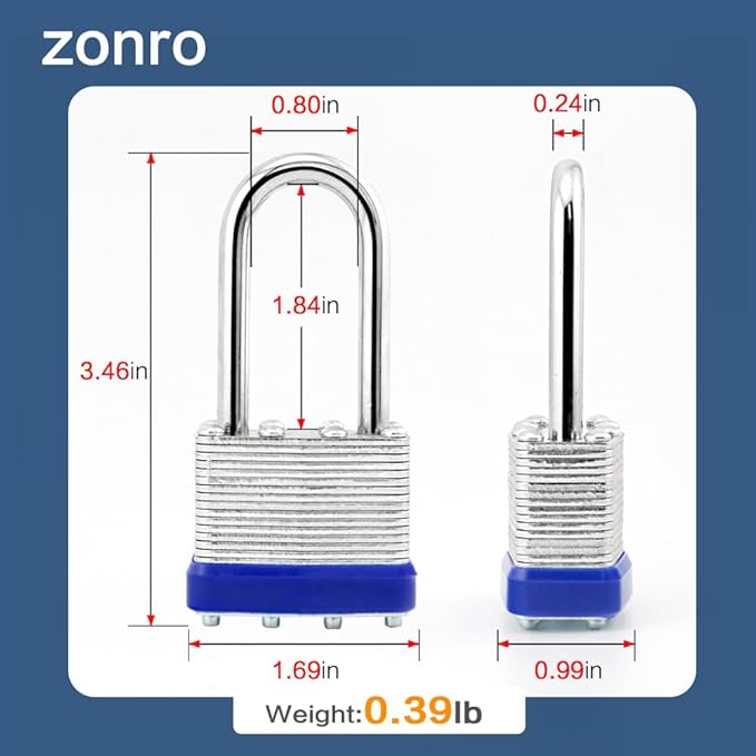 ZonRo Locks Laminated Steel Keyed Padlocks Keyed Alike Locks, Long Shackle Padlocks, for Hasp Latch, Sheds, Fences, Storage Locker, School, Gym,Pack of 6