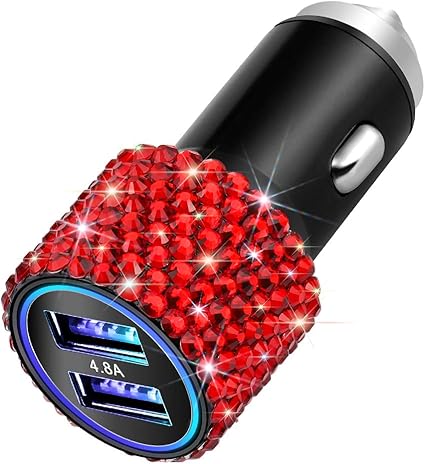 OTOSTAR Dual USB Car Charger, 4.8A Output, Bling Crystal Diamond Car Decorations Accessories Fast Charging Adapter for iPhones Android iOS, Samsung Galaxy, LG, Nexus, HTC (Red)