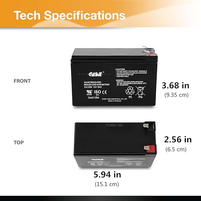 Casil 12v 9ah Rechargeable Sealed Lead Acid AGM Battery, 12 Volt 9ah SLA Battery with F2 Terminal