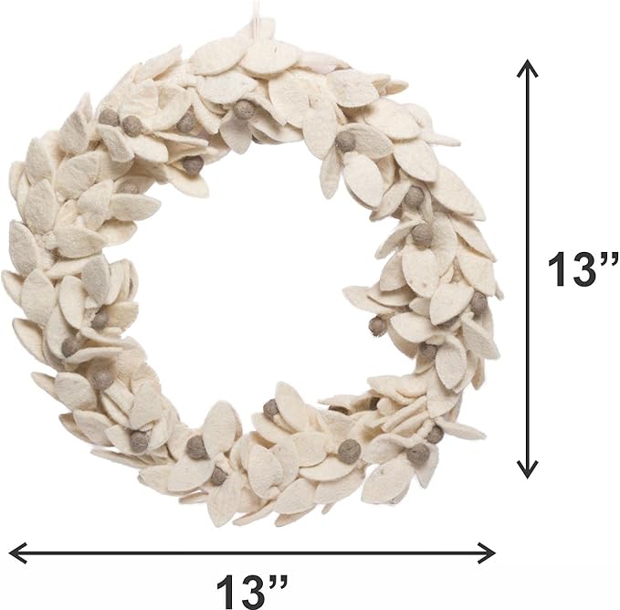 DeKulture Handmade Premium Wool Felt Wreath (White) Eco Friendly Needle Felted Christmas Xmas Tree Decoration for Home Office Party Holiday Dcor, 13" (D) Inches