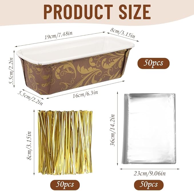 50 PCS Paper Loaf Pans for Baking, 7 Inch Disposable Baking Pans with Clear Plastic Bags and Ties, Rectangle Paper Bread Pans for Cake Bread Oven Loaf Bakery