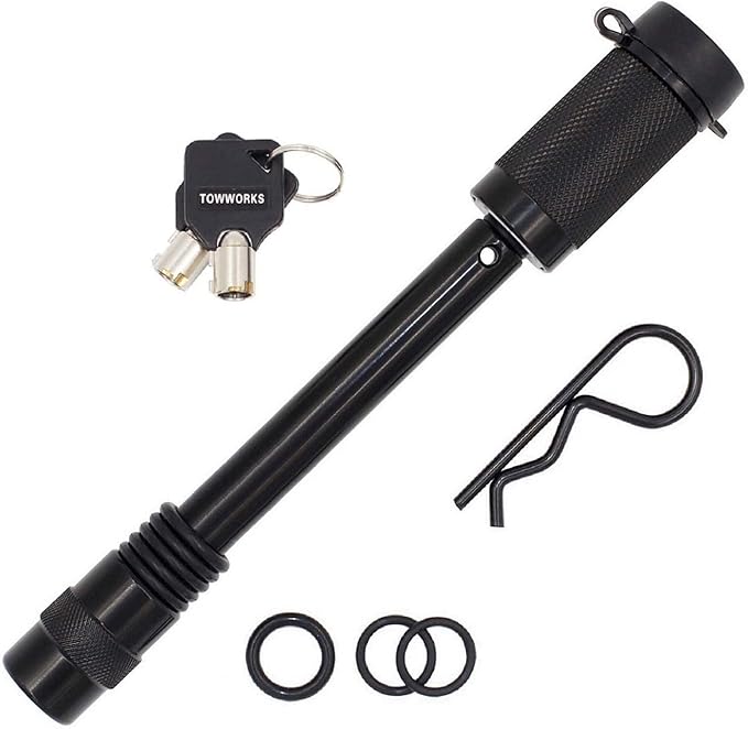 TowWorks 79830 Keyed Alike 58" Trailer Hitch Lock with Extra Long 4-12" Span, Double Safety Tow Hitch Locking Pin for 3" Receivers and Adjustable Channel Mounts