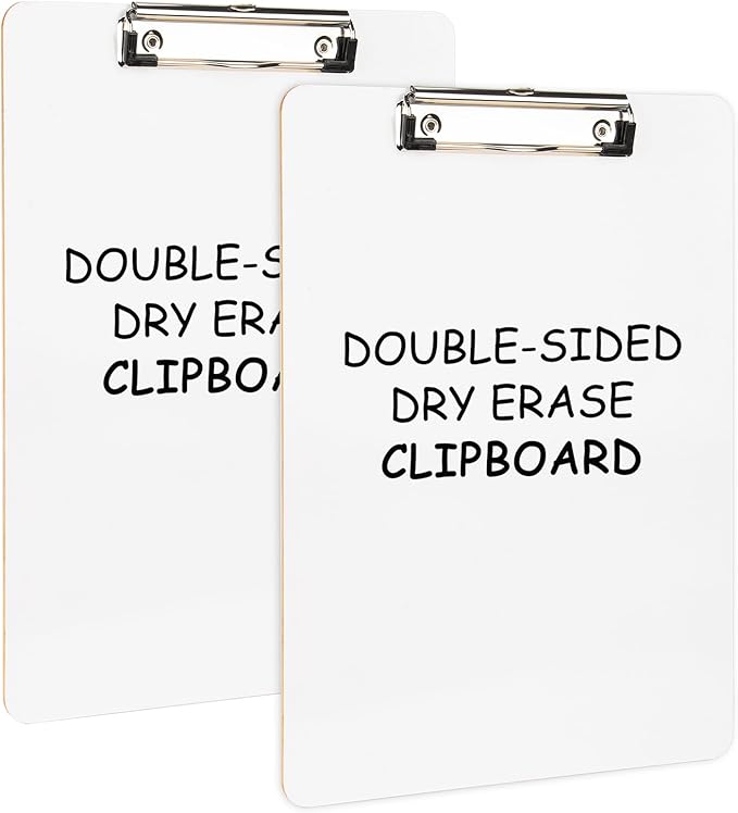Dry Erase Wood Clipboard 2 Pack, Hardboard Clip Board 8.5x11 for Classroom, Students, Kid, Size 9" x 12.5", Double-Sided White Board, with Low Profile Clip, Office School Supply