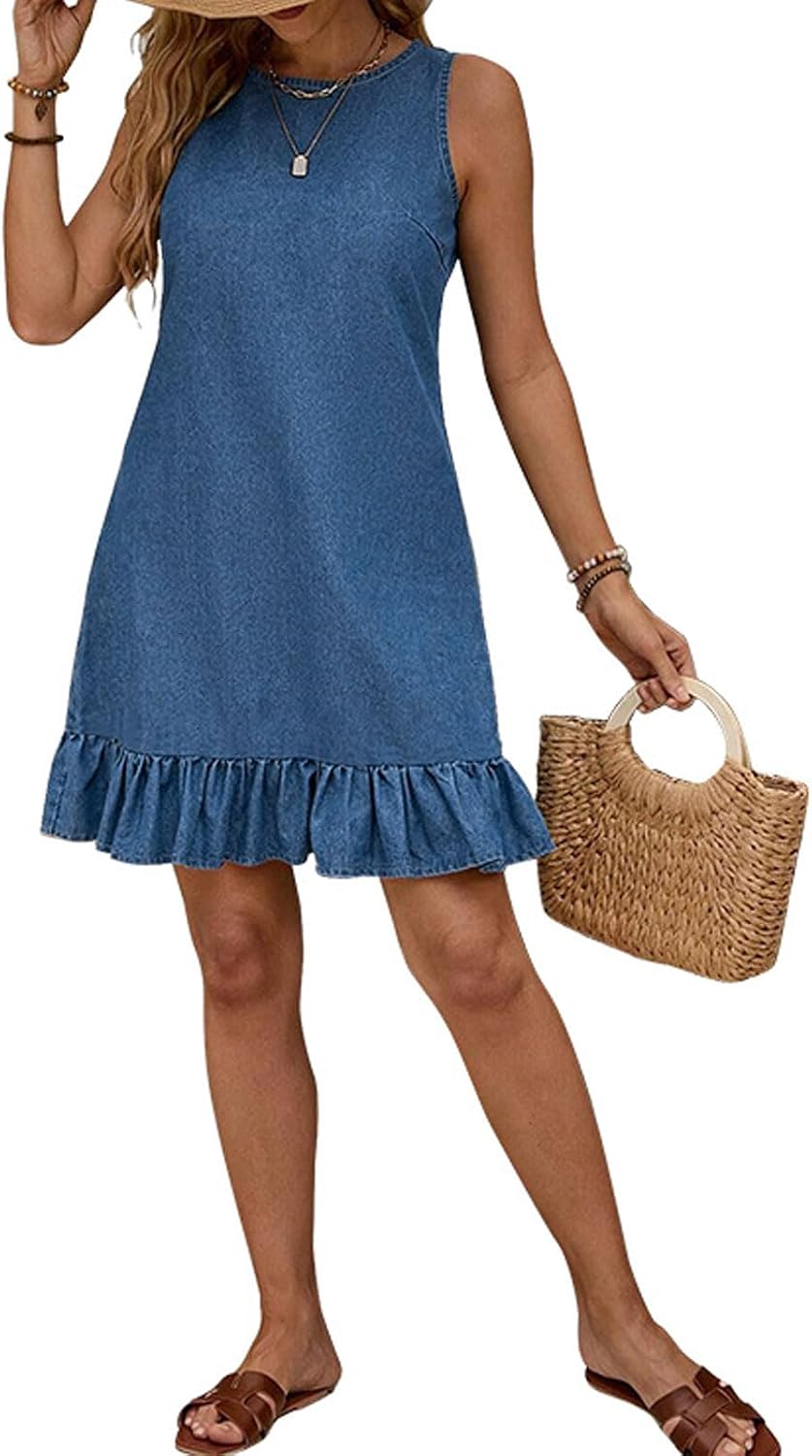 loveimgs Women Summer Sleeveless Tank Denim Mini Dress Jumper Ruffle Jean Shift Dress Chambray Tunic Sundress Back Button