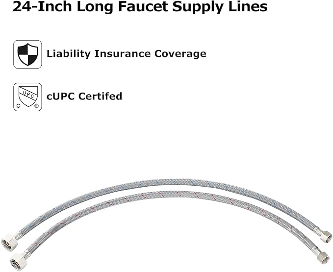 PARLOS 24 Inch Faucet Water Supply Lines cUPC CERTIFIED with 9/16-24 UNEF threads Brass Connector, 2103001