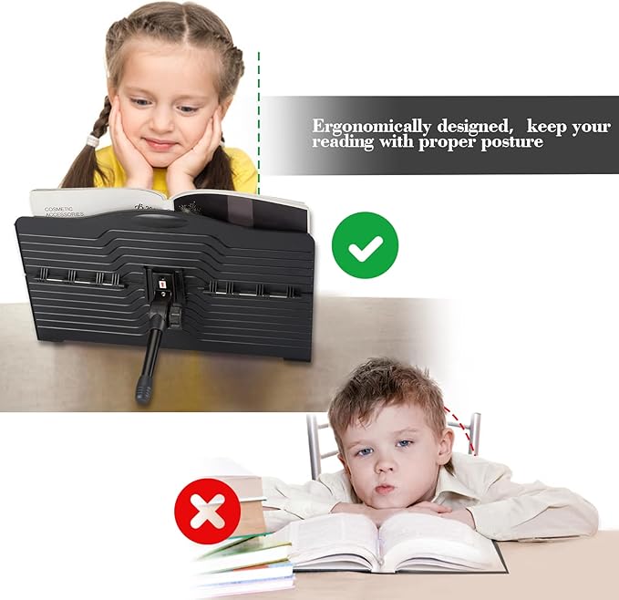 Book Stand, IMAGE Book Holder with a Retaining Clip, Adjustable, Collapsible and Portable, Great for Desktops, Laptops, iPads, Cookbooks, Music Scores and Documents