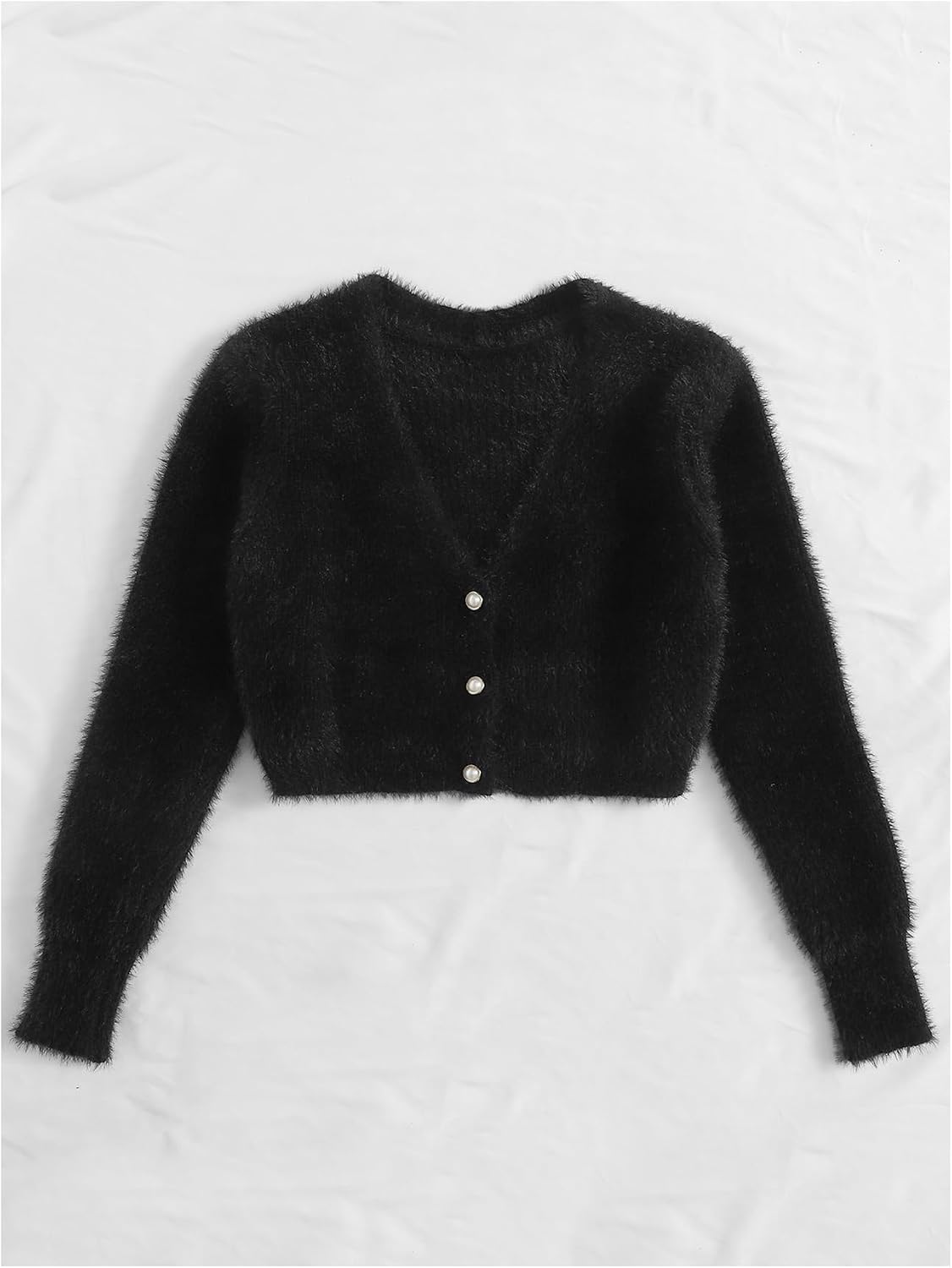 Women's Fuzzy Crop Sweater Cardigan 2025 Winter Holiday Outfits Chunky Pearl Button Down Long Sleeve Cardigan