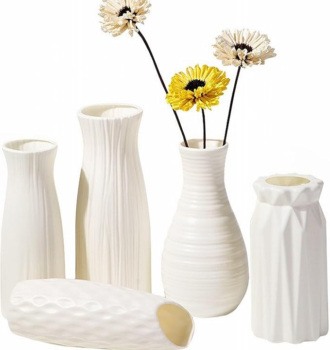 Unbreakable Nordic Style Flower Vase,Shatterproof Vases Imitation Ceramic Flower Pot,Plastic Vases for Living Dining Rooms Home Decor,Flower Vases for Bouquet,Seashell White-D