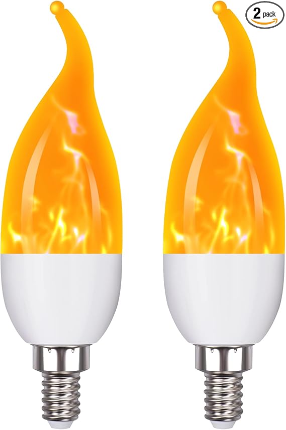 E12 Flame Bulbs 2 Packs, 3 Mode LED Candelabra 2.0 Watt Warm White Chandelier 1800k Candle Light Bulbs, Flame Tip for Christmas Party Decorations