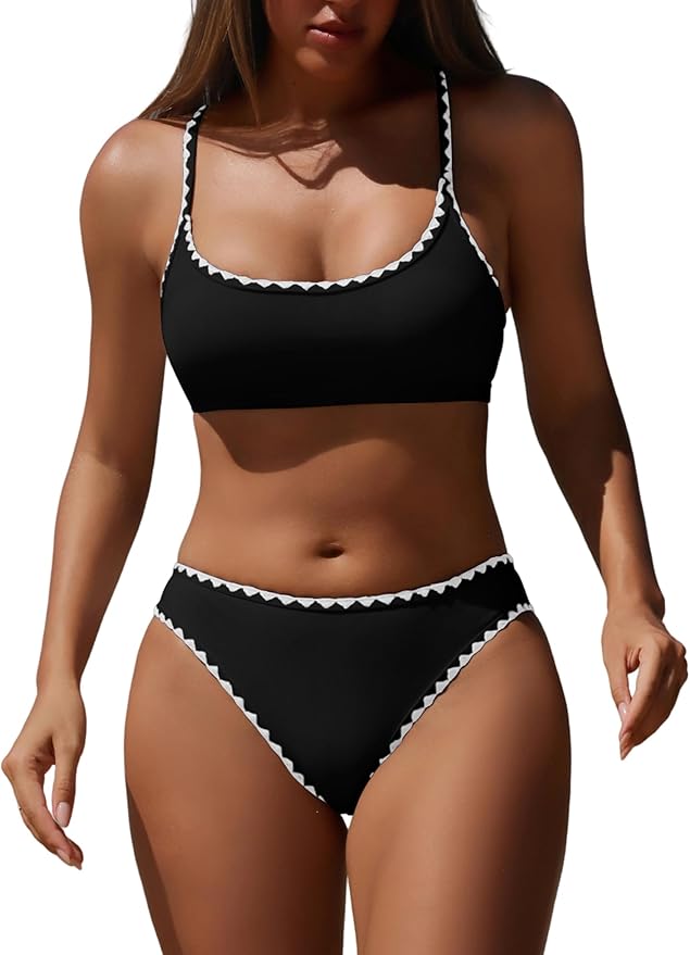 ZAFUL Women's Bikini Set Criss Cross Back Two Piece Swimsuits Scoop Neck Splicing Lace Up Textured Bathing Suits