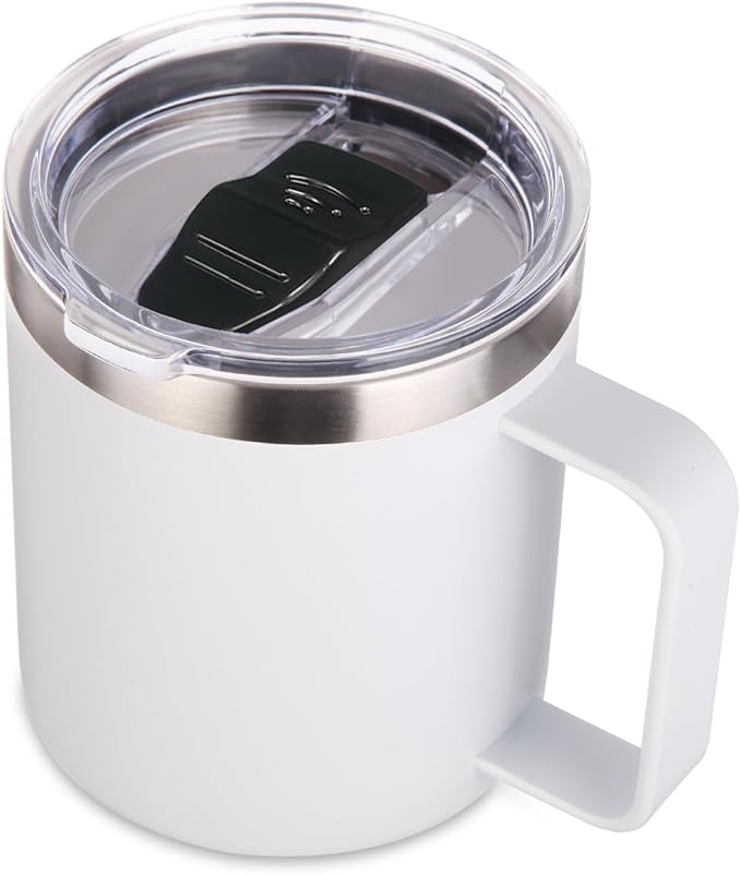 Volhoply 14oz Insulated Stainless Steel Coffee Mug with Leakproof Lid,Double Wall Vacuum Travel Coffee Cup with Handle,Reusable Metal Cups Tumbler,Camping Mugs Keep HotCold,Ideal Gifts(White,1)