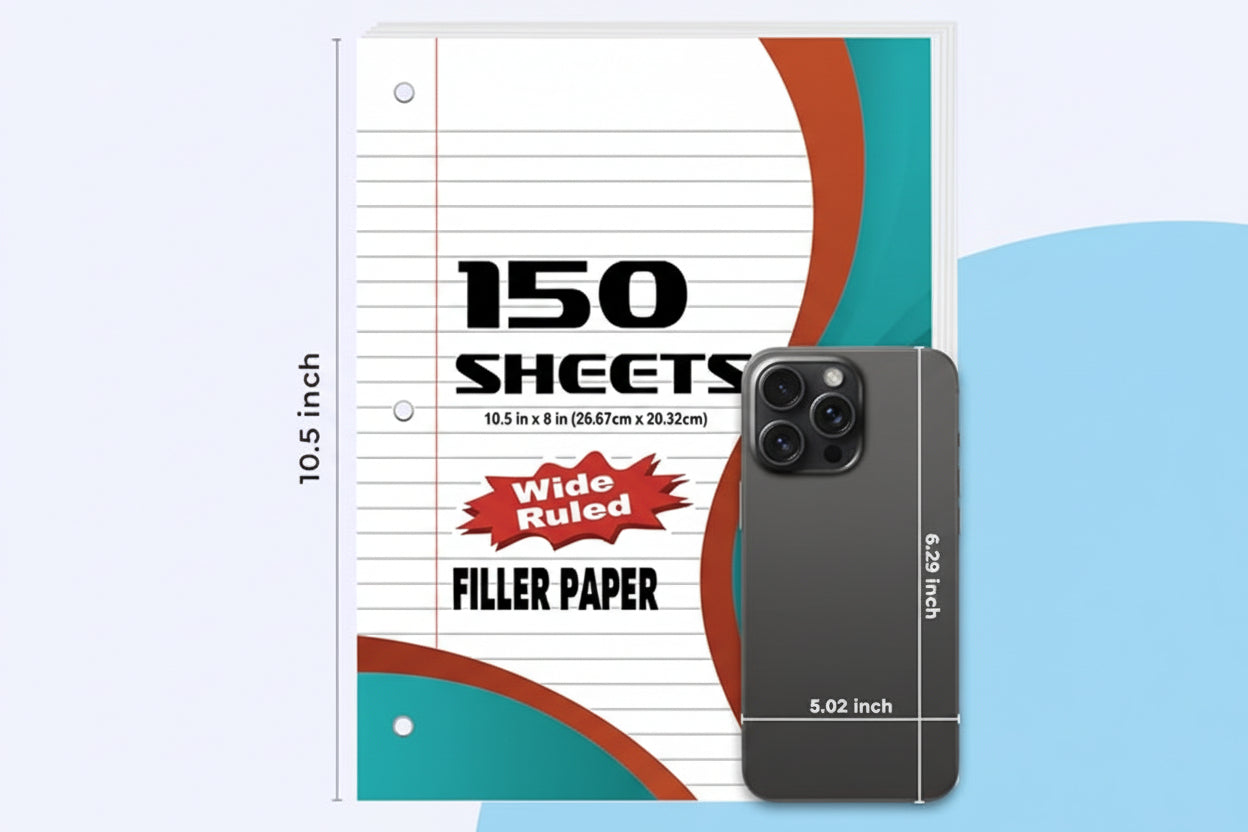 450 Sheets Loose Leaf Paper, 3 Pack – 8" x 10.5" Wide Ruled, 56gsm, 3-Hole Punched for Binders, Bulk Notebook Paper