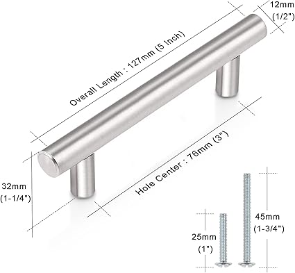 Probrico 5 Pack 5 Inch Cabinet Handles Brushed Nickel, Satinless Steel Cabinet Pulls for Kitchen Cupboard, T Bar Drawer Handles Dresser Pulls, 3 Inch Hole Centers, 5 Inch Length