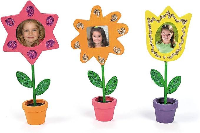 Fun Express Paintable Wooden Flower Photo Stands 6 12 to 7 inches, 12 pieces, ideal for Mother's Day, Spring, Easter, classroom and home crafts