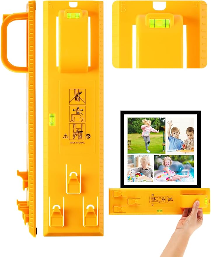 Picture Hanging Tool with Level, Goodsnova Photo Frame Hanging Tool for Easy Marking Position, Wall Hanger Helper Guide for Photo Art Painting Frame (Plastic, Yellow)