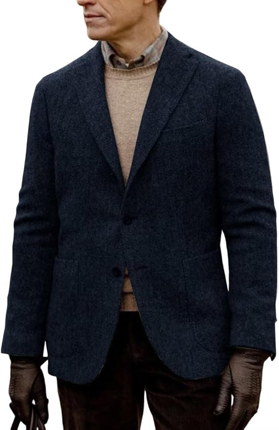 Men's 3-Button Wool Blend Blazer Vintage Herringbone Sport Jacket with Pocket Square