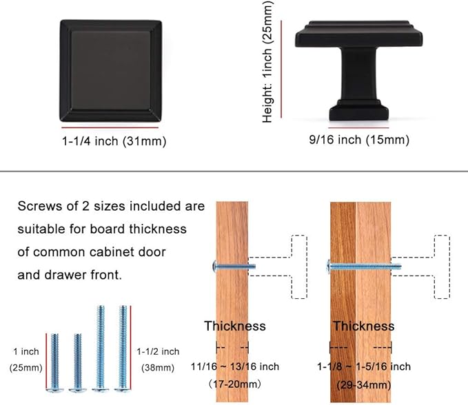 KOOFIZO Square Stepped Cabinet Knob - Black Pull Handle (31mm 1.2 Inch), 10-Pack for Kitchen Cupboard Door, Bedroom Dresser Drawer, Bathroom Wardrobe Hardware