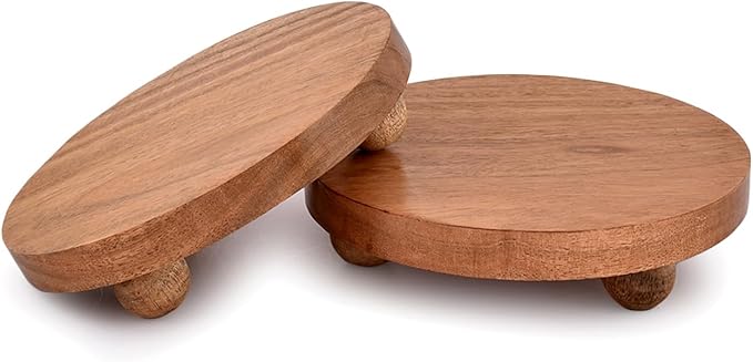 NIRMAN Display Stand Round Acacia Wood Stand for Display Wooden Stand for KitchenBathroom CounterPlant Stand (6" x 6" x 1.5"), (Set of 2)