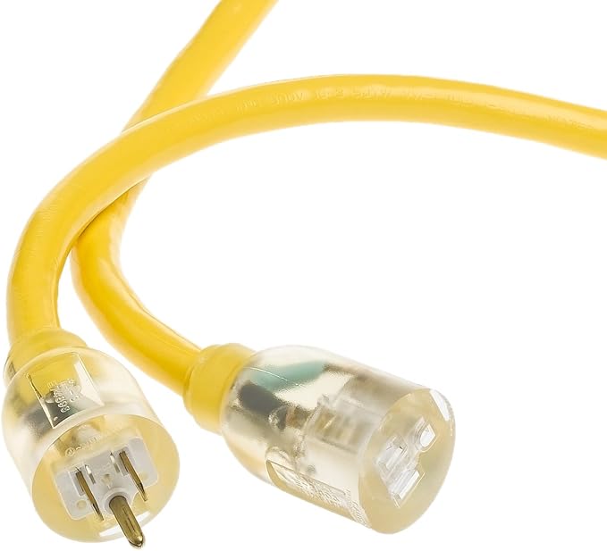Yellow Jacket Extra Heavy Duty Extension Cord, 100Ft, 10 Gauge, 3 Conductor, Lighted End, Weather Resistant, SJTW, Yellow, 2806