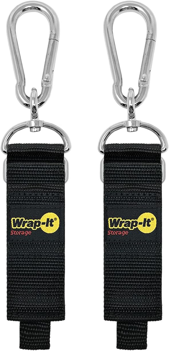 Hook 'n Hang Wrap-It Storage Straps - 12" (2-Pack) Black - Carabiner Straps to Use as Extension Cord Holder Heavy Duty Straps with Hooks for Cord Storage or Garden Hose Strap, A102-HNH-12BL