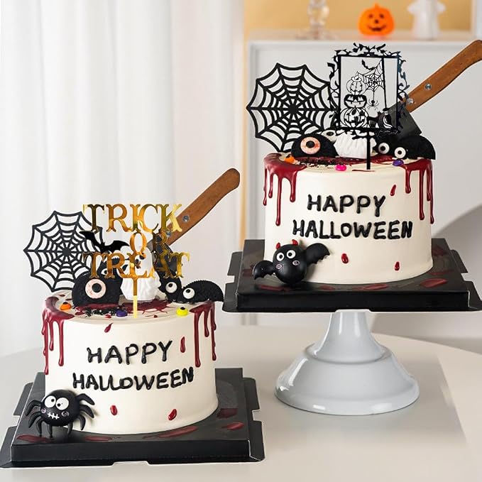 Halloween Cake Toppers Happy Halloween Cupcake Topper Acrylic Trick Or Treat Pumpkin Spider Bat Cake Decoration Party Supplies 6 PCS