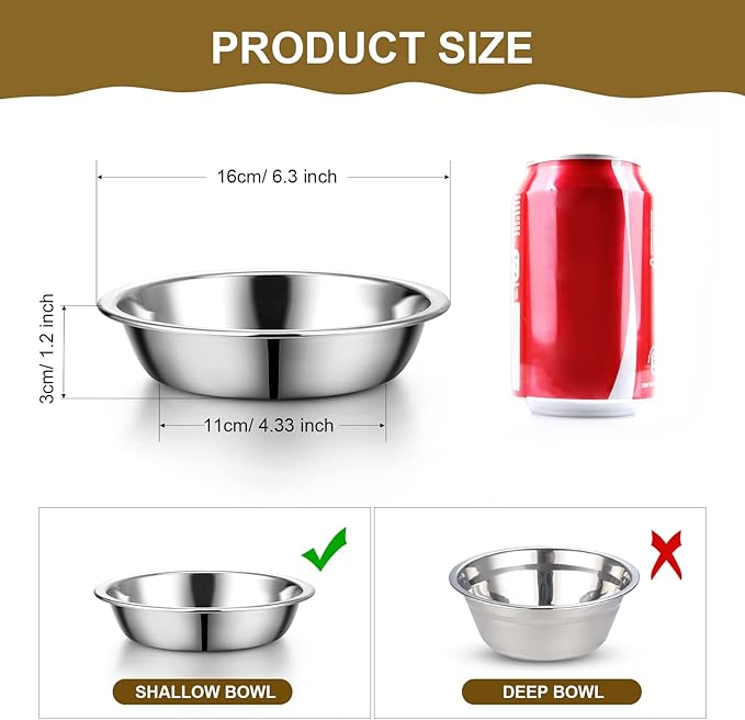 10 Pcs Shallow Cat Food Bowls 6.3 Inches Replacement Stainless Steel Cat Bowls Fatigue Relief for Elevated Stand Metal Dishes Basic for Dishwasher Safe