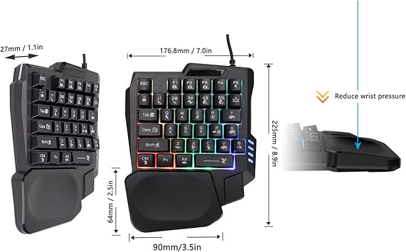 Sazao One Handed Gaming Keyboard, Three Colors Backlight Wide Palm Rest 35 Keys Gaming Keyboard for Computer for Mobile Games